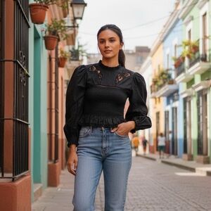 FARM Rio | Lace Smocked Peplum Blouse Puff Sleeve | Black | Size M